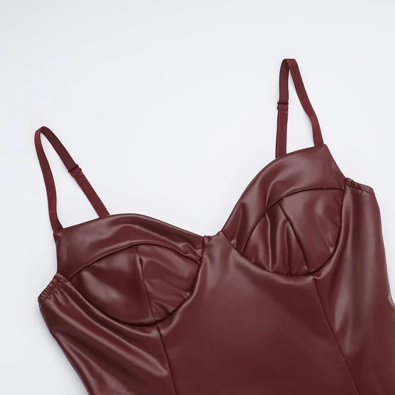 Solid PU Leather Splicing Strap Dress Mssaz Desses