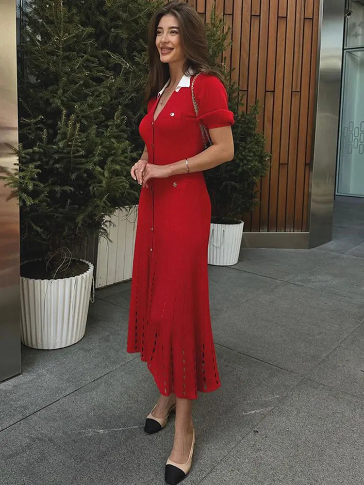Ribbed Contrast Collar Short Sleeve Buttoned Midi Dress Mssaz Desses