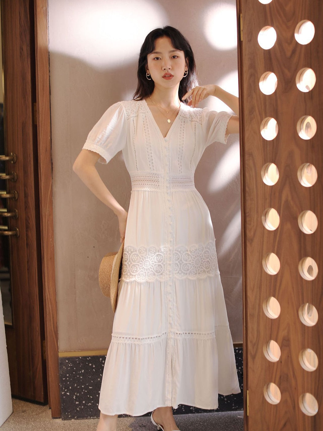 Cotton Patchwork Lace Dresses V-Neck Lantern Sleeve Maxi Dress Mssaz Desses