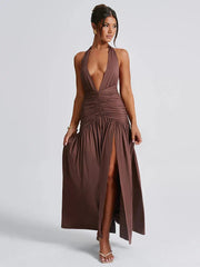 Open Back Solid Thigh High Split Long Dress Mssaz Desses