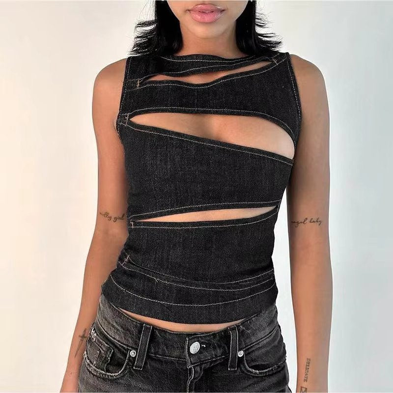 Round Neck Vest Hollow Slim Vest Sleeveless Top Mssza