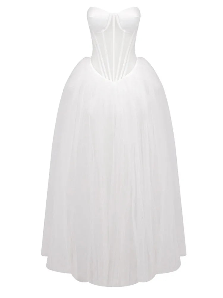 Strapless Mesh White A Line Maxi Long Dress Mssaz Desses