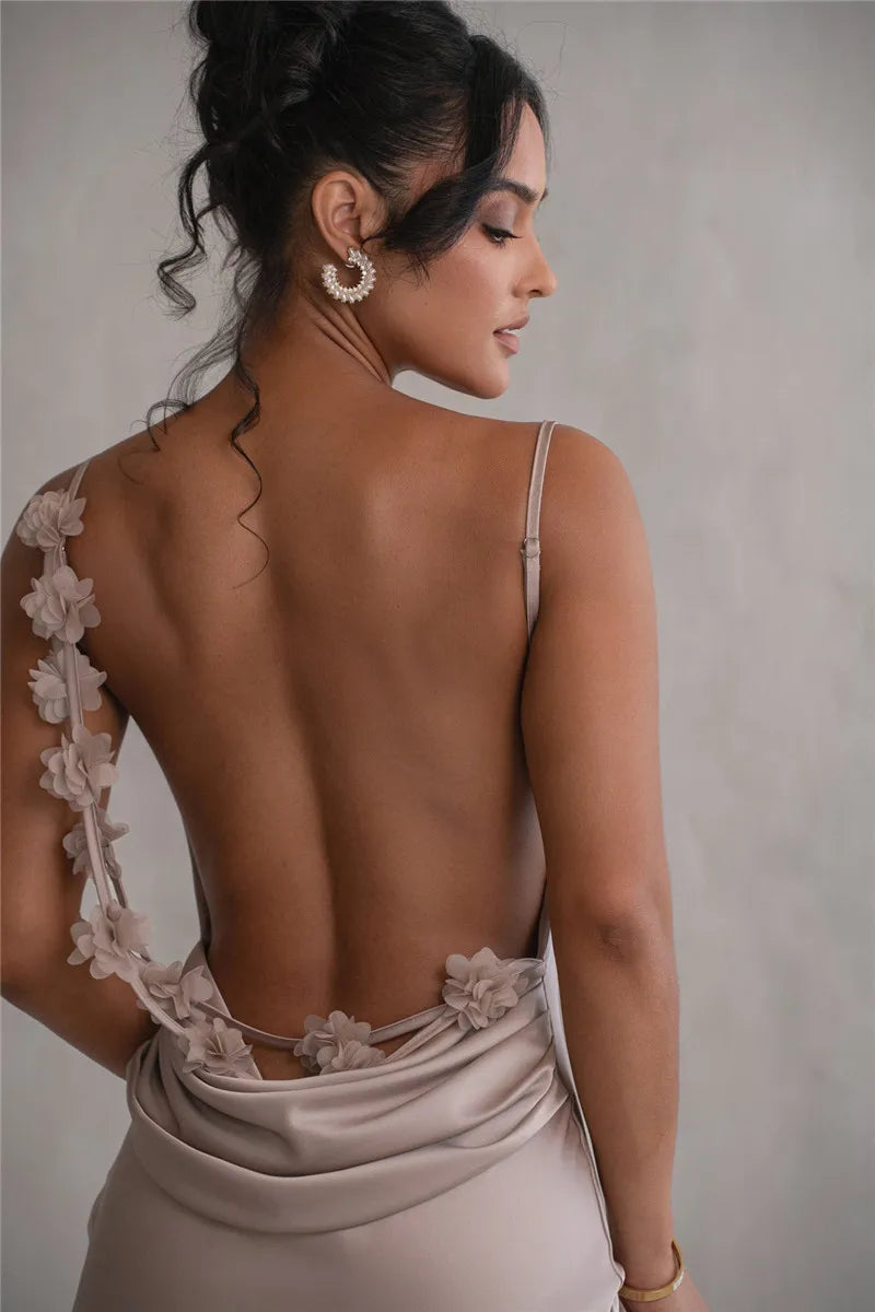 3D Flower Draped Open Back Maxi Dress Mssaz Desses