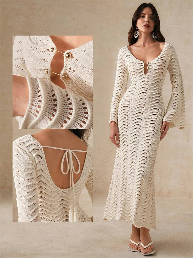Knit Hollow-Out Loose Patchwork Lace-Up  Dress Mssaz Desses
