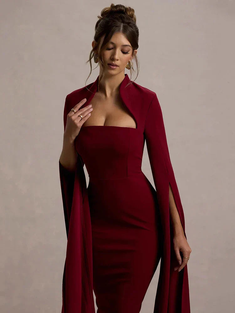Cape Long Sleeve Square Collar Midi Dress Mssaz Desses