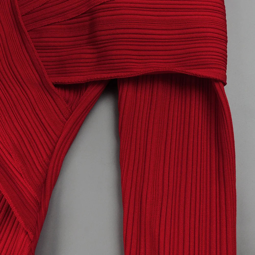 Red Bandage Turtle Neck Cross Design Long Dress Mssaz Desses