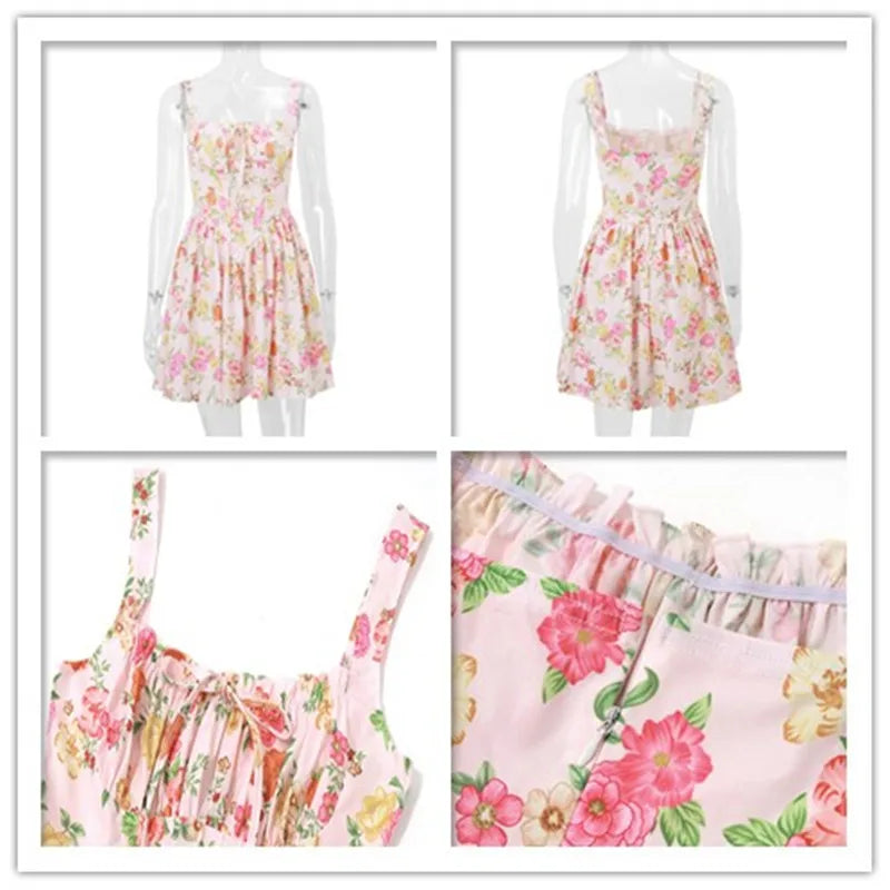 Flower Printed Open Back A-line Corset Mini Dress Mssaz Desses