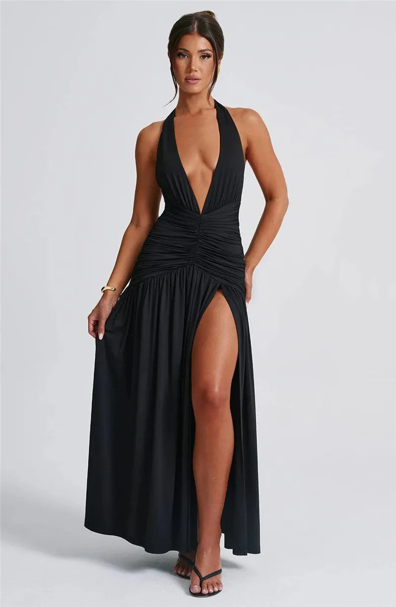 Open Back Solid Thigh High Split Long Dress Mssaz Desses