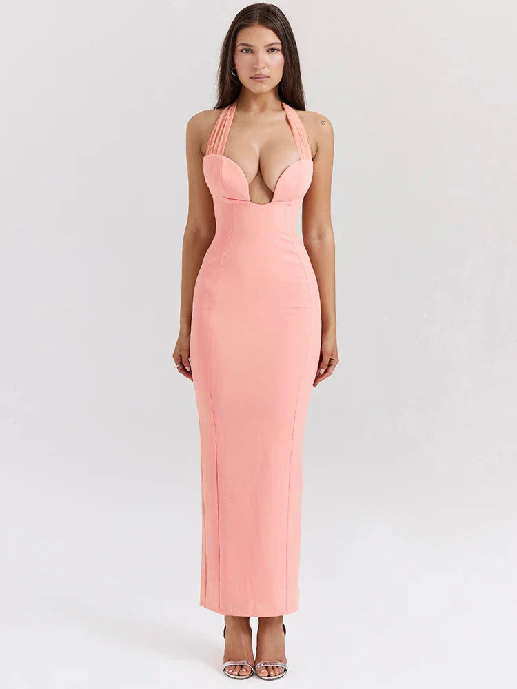 Pink Deep Neck Halter Bodycon Midi Dress Mssaz Desses