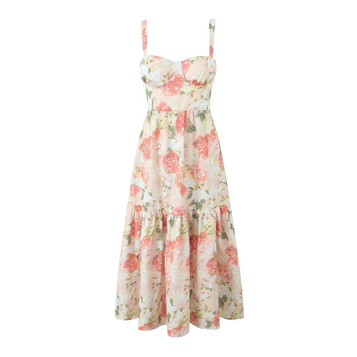Floral Bra with Wire Corset Ruffles Midi Dress Mssaz Desses