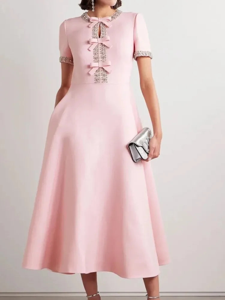 Diamond Edge Bowknot Short Sleeve Midi Dress Mssaz Desses