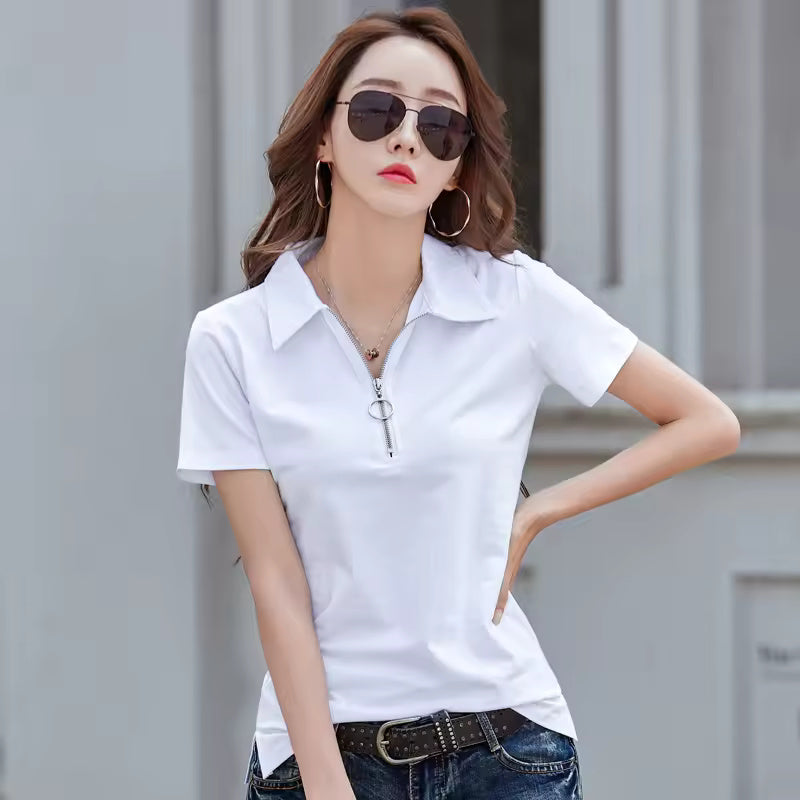 Elegant Style Zipper Neck Short Sleeve Polo Cotton  T Shirt Mssza