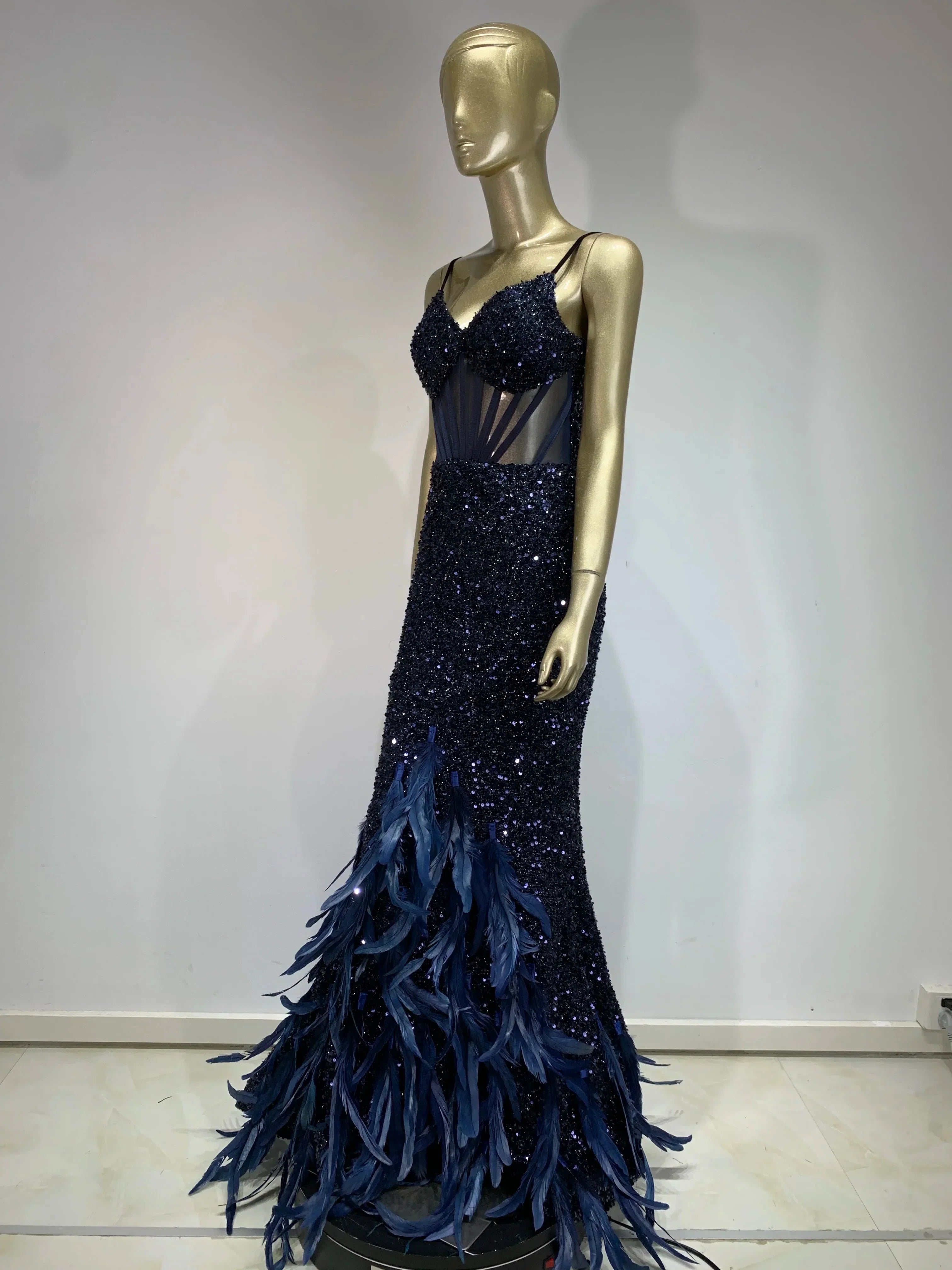 Mesh Sequins Blue Feather Long Dress Mssaz Desses