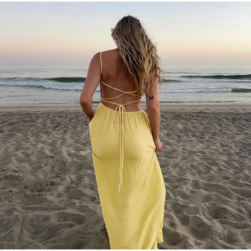 Lace Up Solid Color Open Back Long Dress Mssaz Desses