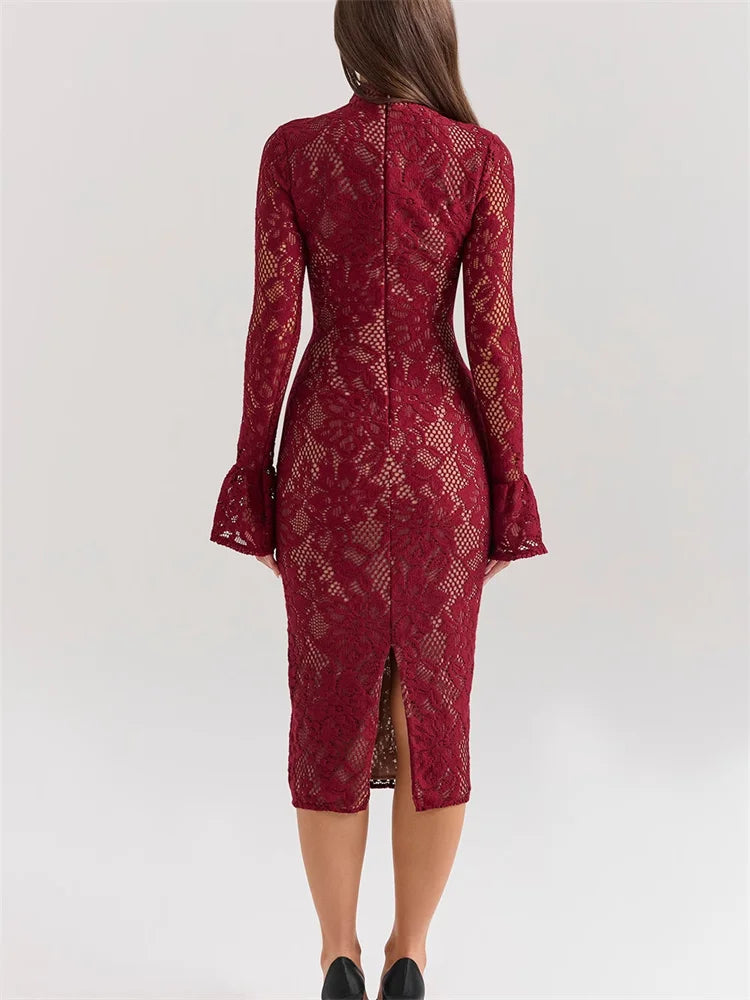 V-Neck Hollow Out Long Sleeve Black Lace Maxi Dress Mssaz Desses