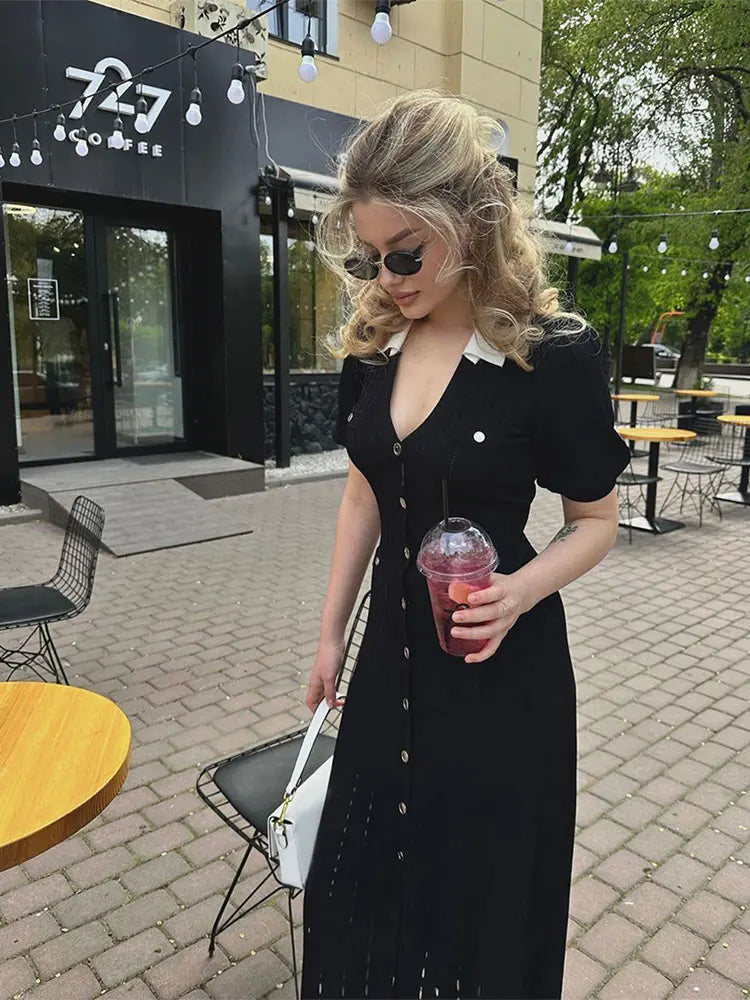 Ribbed Contrast Collar Short Sleeve Buttoned Midi Dress Mssaz Desses