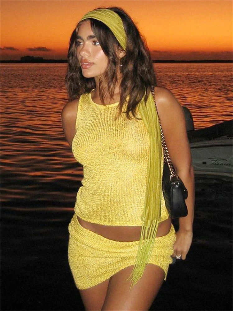 Solid Knit Top And Mini Skirt 2 Pcs Suit Mssaz Desses