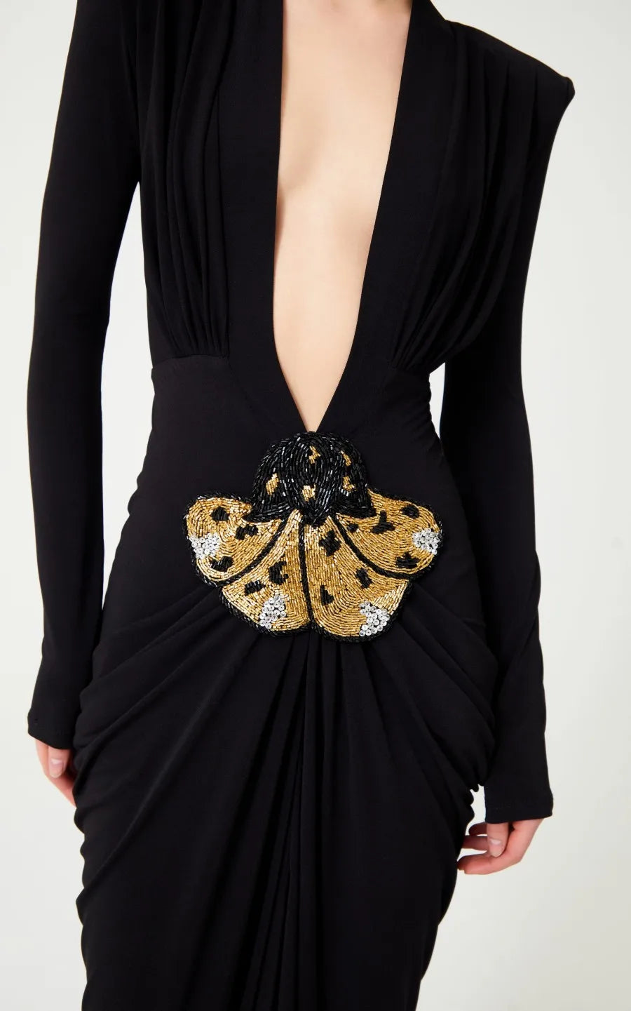 Deep V Neck Long Sleeves Black Maxi Dress Party Gown Mssaz Desses