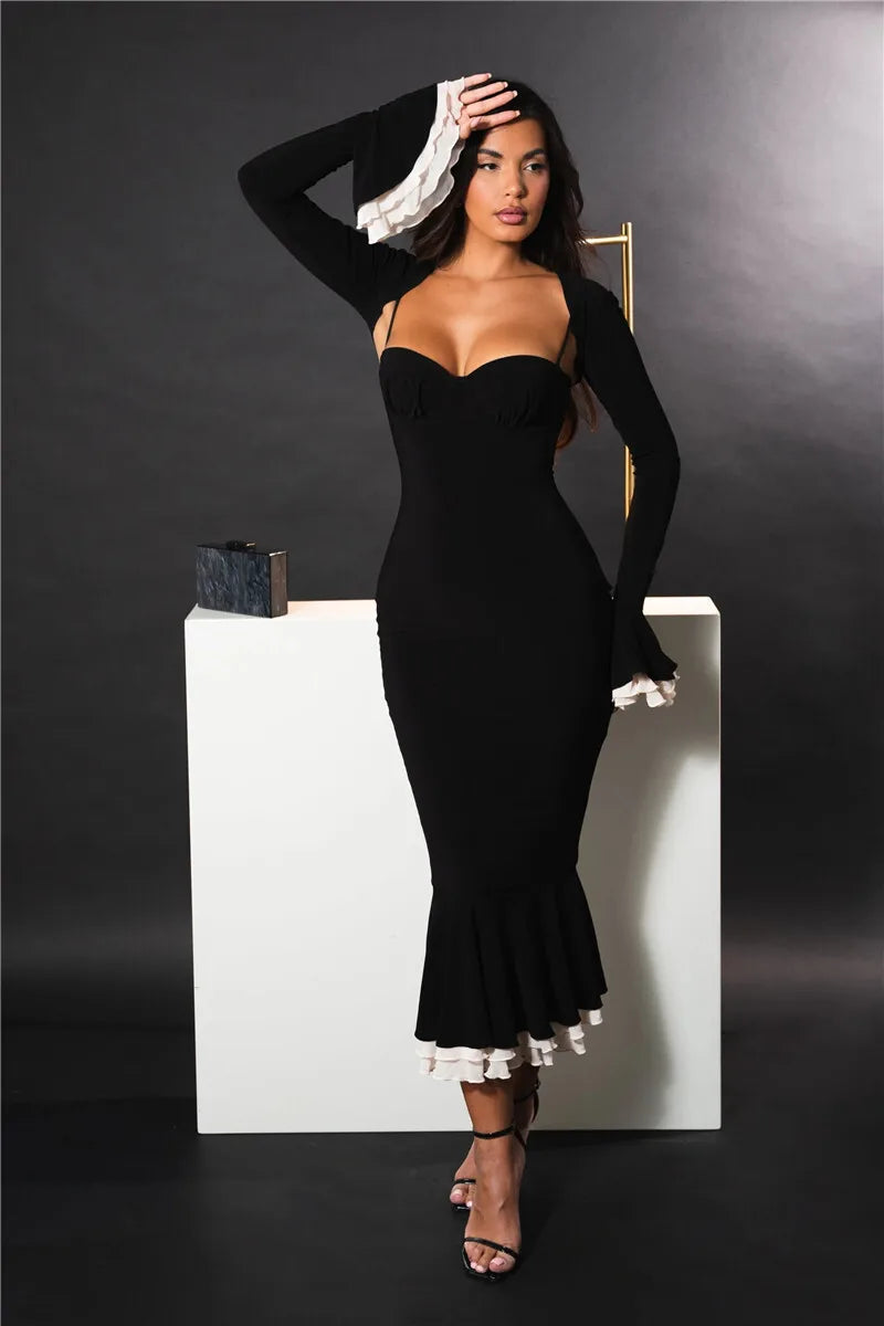 Patchwork Square Collar Evening Fishtail Dress Mssaz Desses