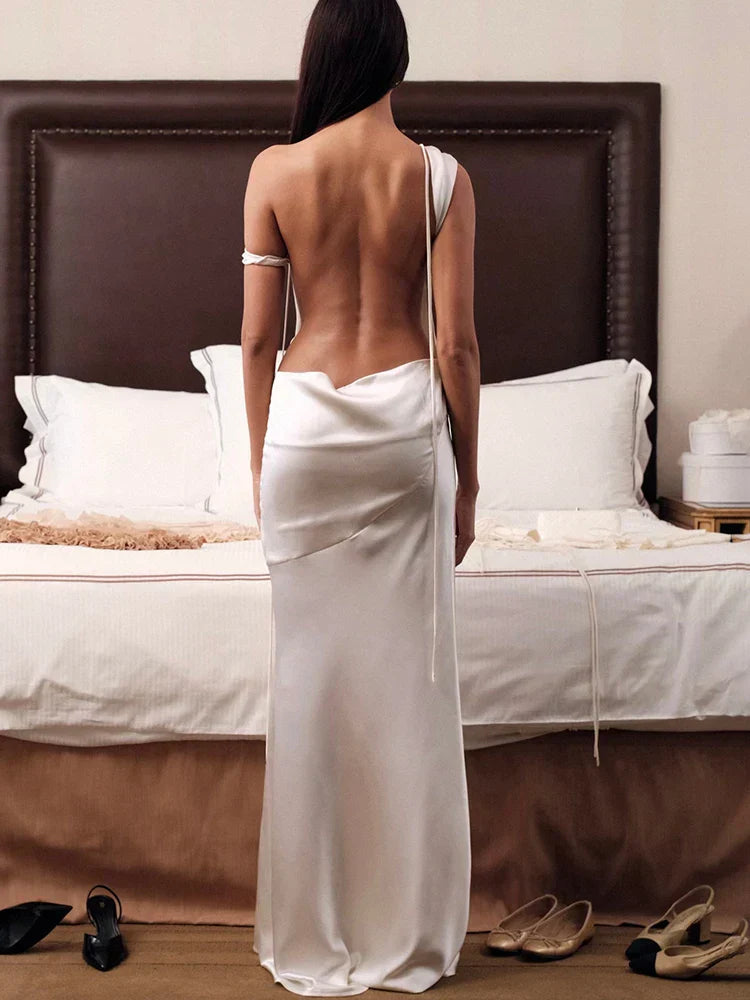 Satin Apricot Backless Long Dress Mssaz Desses