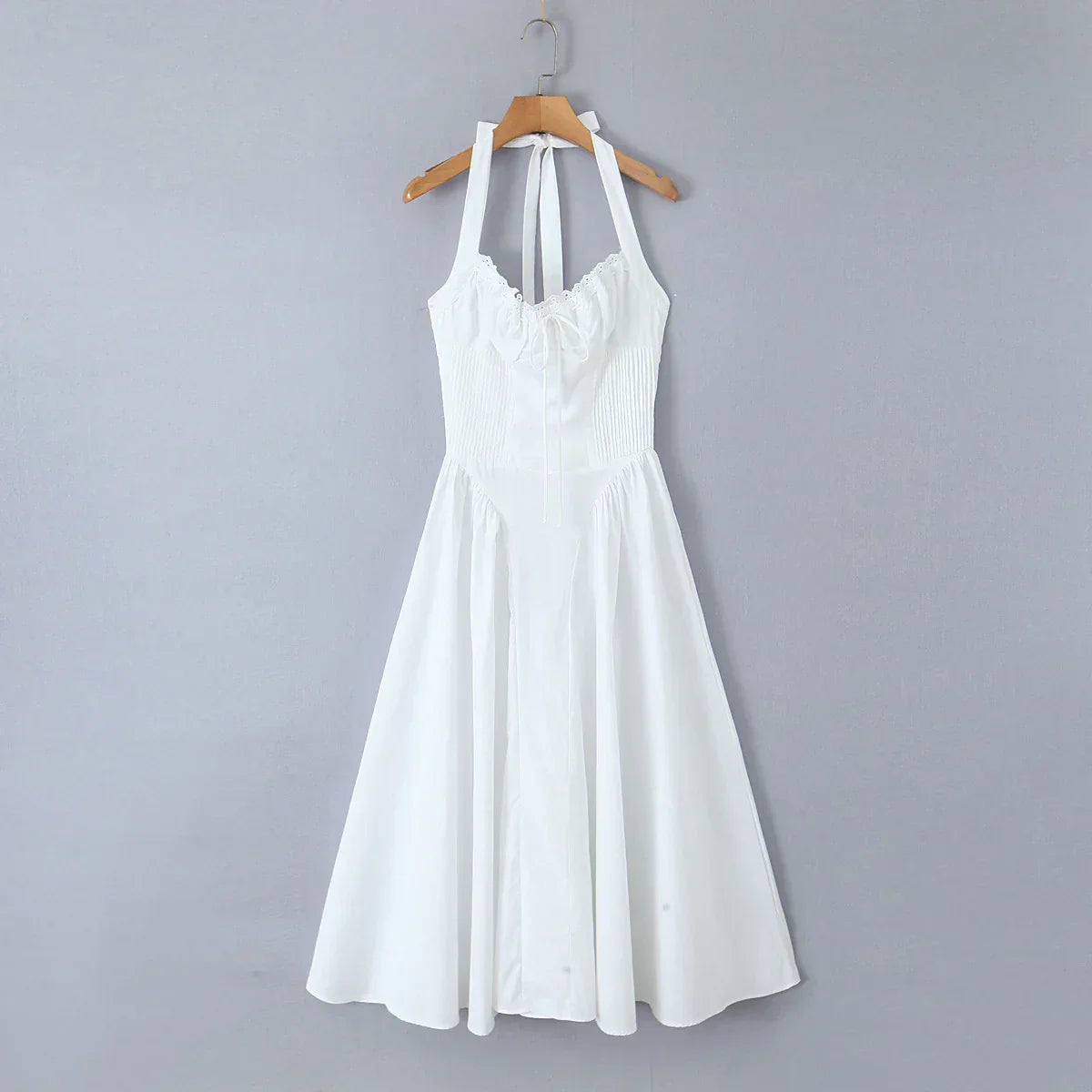 Corset Style Bow Halter Spliced Lace Midi Dress Mssaz Desses