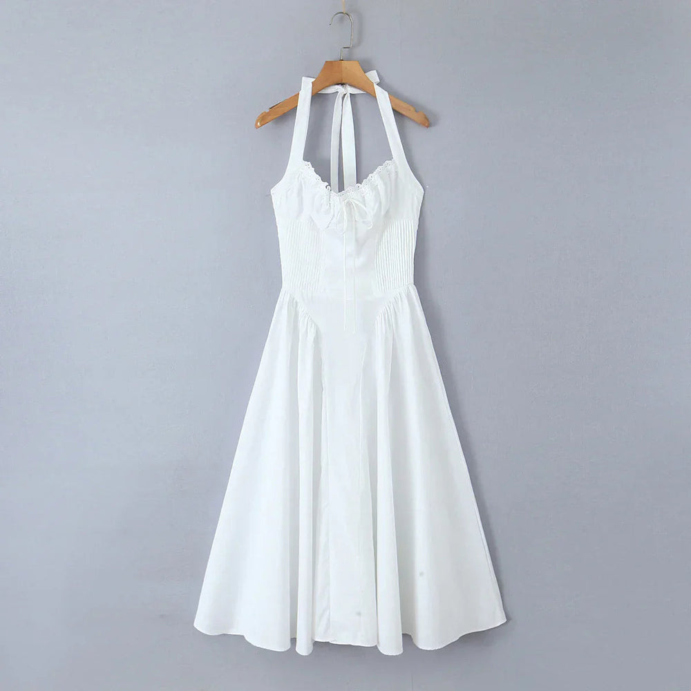 Corset Style Bow Halter Spliced Lace Midi Dress Mssaz Desses