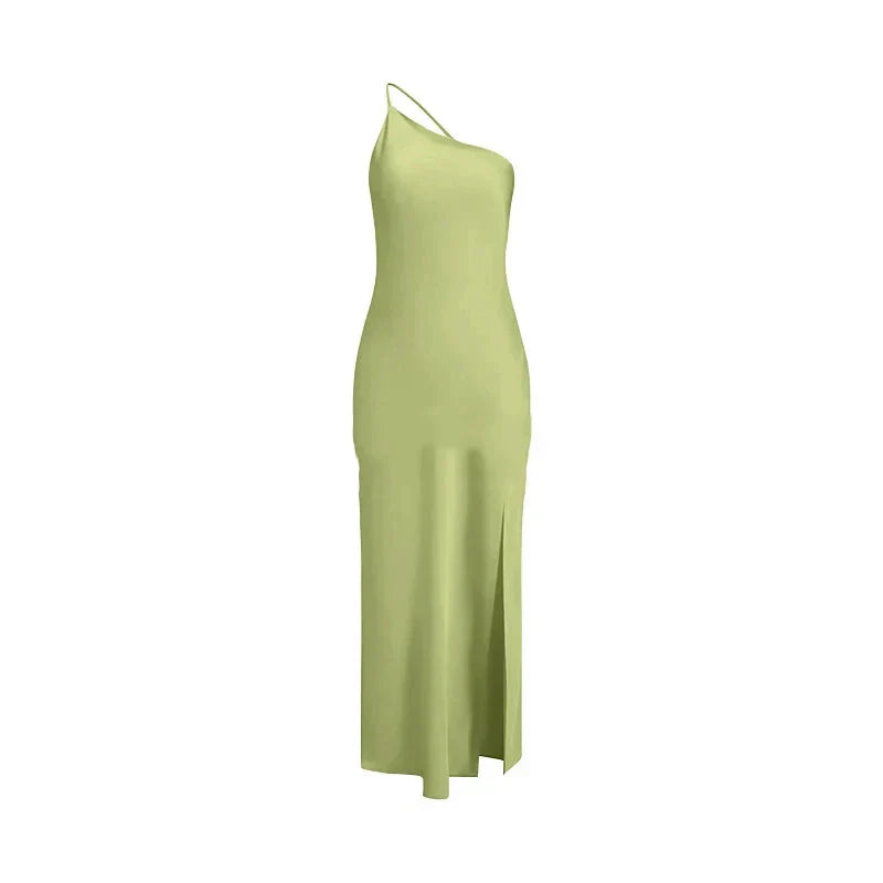 Backless Satin Slant Shoulder Solid Slit Long Dress Mssaz Desses