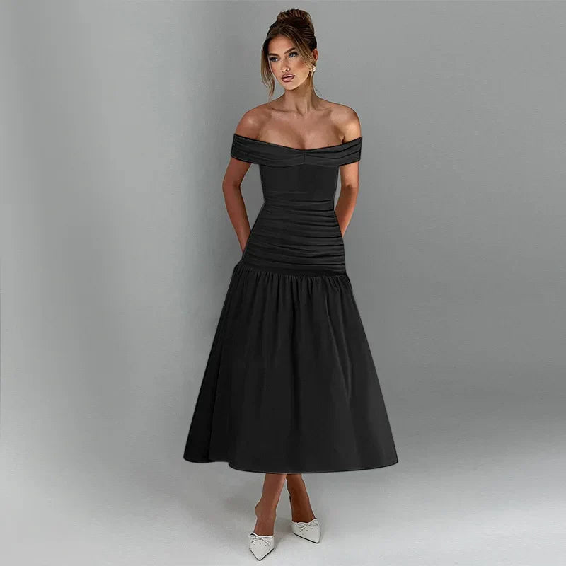 Slash Neck Off Shoulder Solid Dress Mssaz Desses