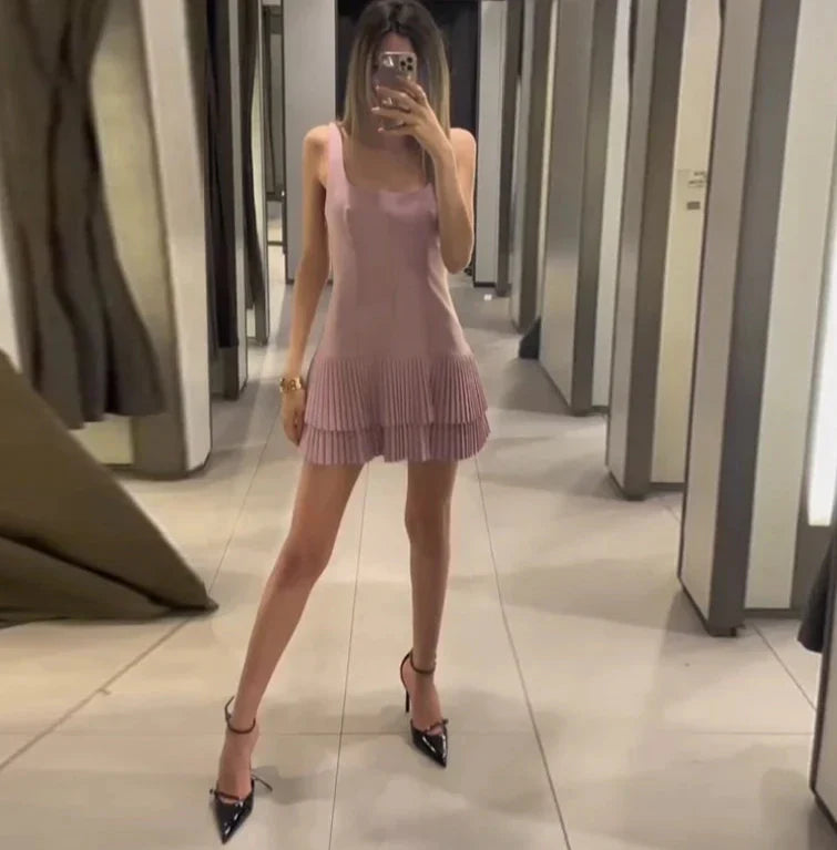 Square Collar Sleeveless Pleated Short Dress Mssaz Desses