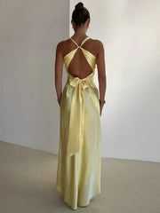 V Neck Sleeveless Satin Bow Backless Maxi Dress Mssaz Desses