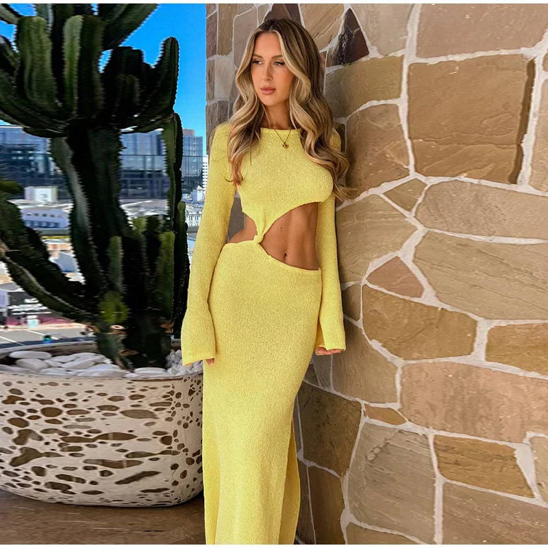 Knitted Hollow Out Solid O-neck Slit Maxi Dress Mssaz Desses