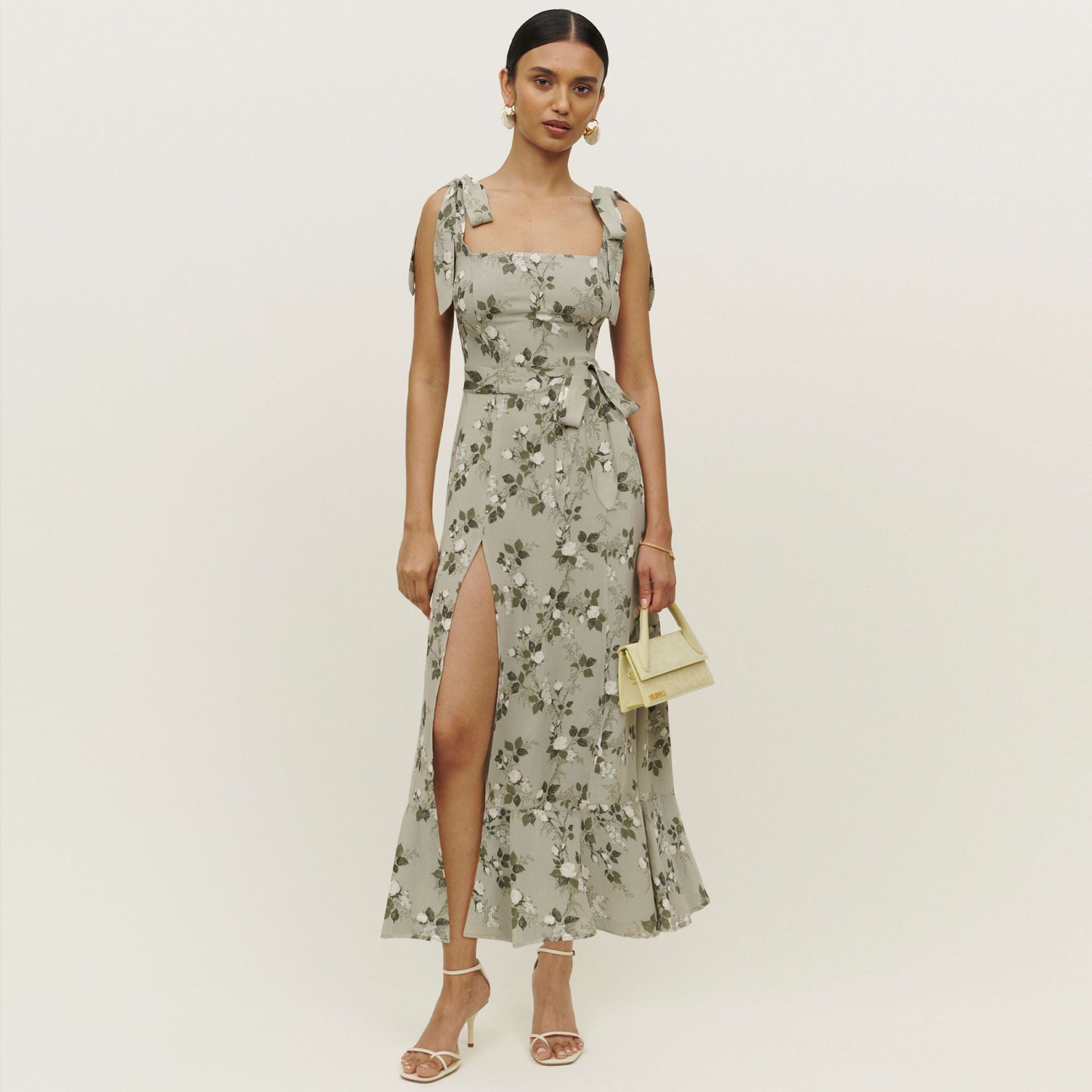 Green Basic Vintage Beach Tank Elegant Retro Floral Long Vestidos Belt Yellow Mssaz Desses