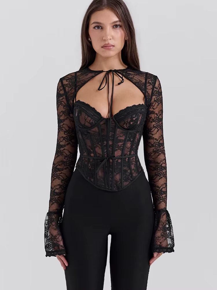 See Through Lace Pattern  Long Sleeve Print Floral Two Piece Tops Mssza