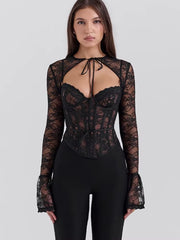 See Through Lace Pattern  Long Sleeve Print Floral Two Piece Tops Mssza