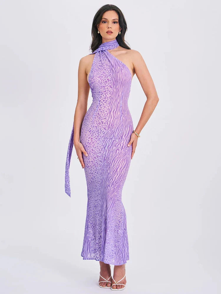 Purple Sheer Halter Draped Open Back Long Dress Mssaz Desses
