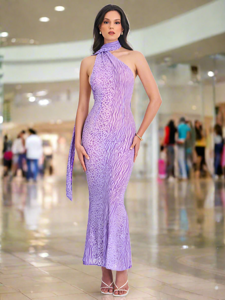 Purple Sheer Halter Draped Open Back Long Dress Mssaz Desses