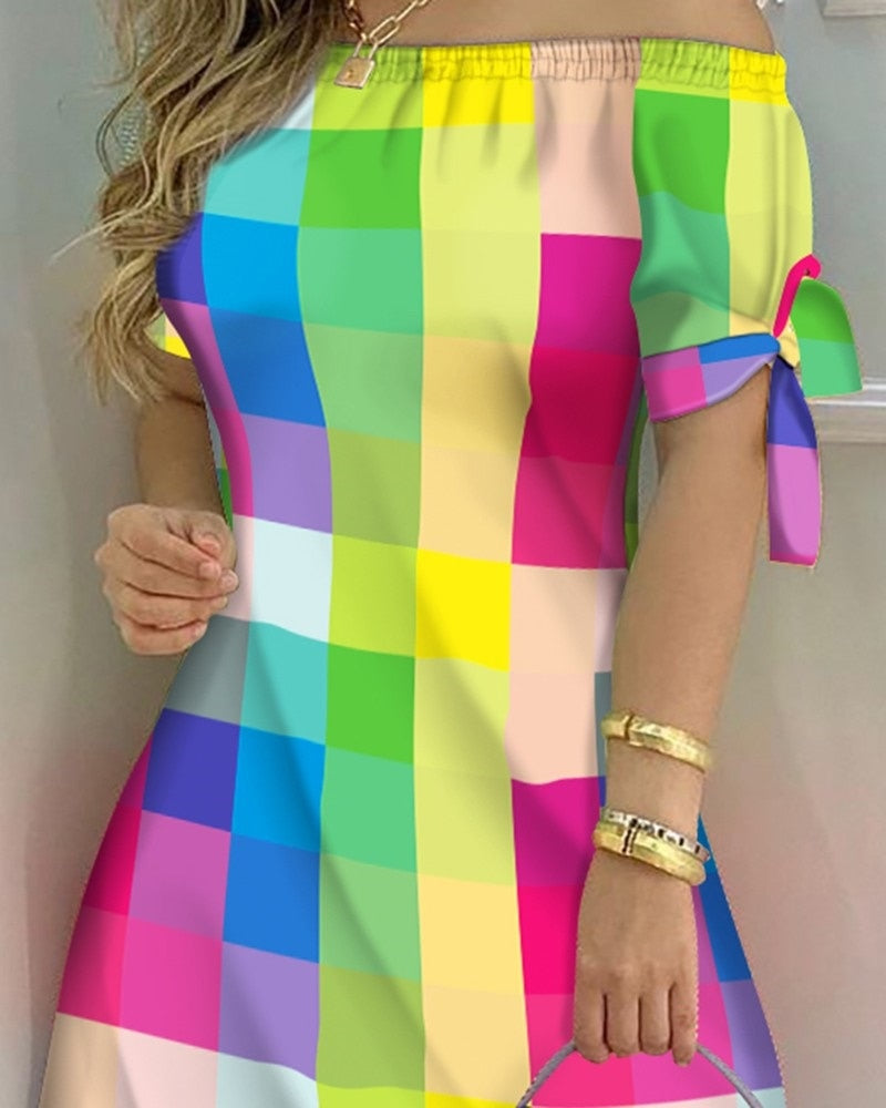 Off Shoulder  Mini Dress Short Sleeve Bow Tie Striped Plaid Floral Vestidos Mssaz Desses