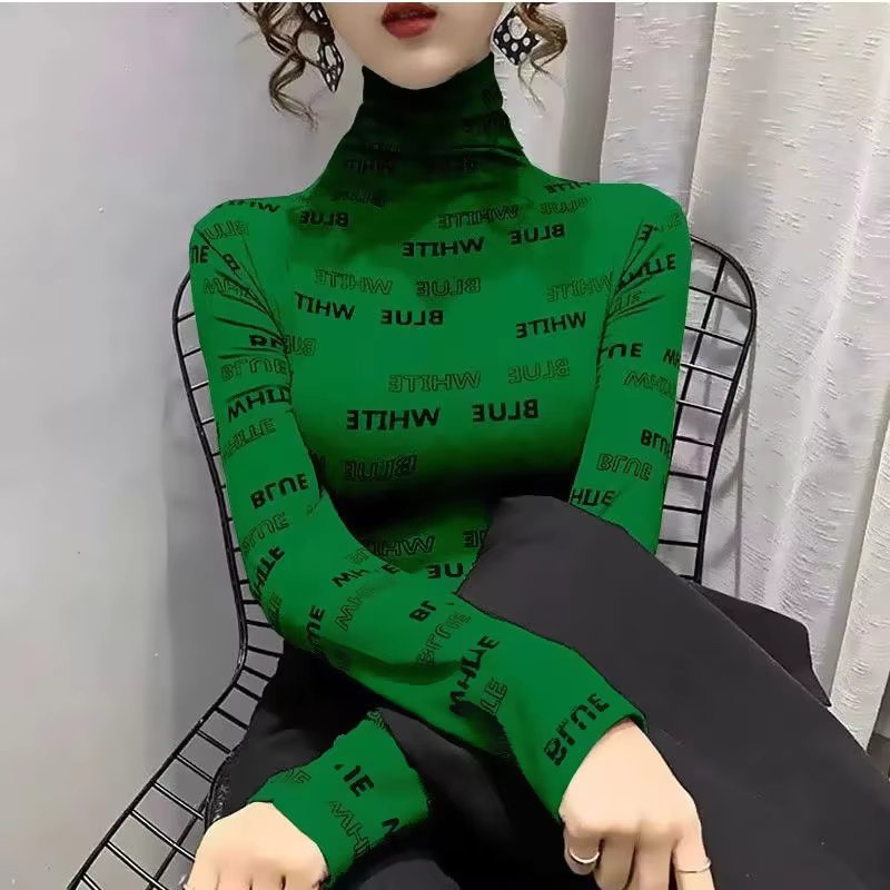 Elegant Half High Neck Pullover Letter Long Sleeve Slim Fit T-shirt Tops Mssza