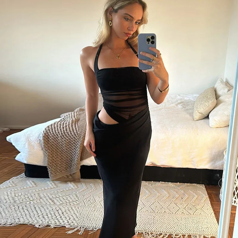 Mesh Patchwork Backless Halter Bodycon Gown Mssaz Desses