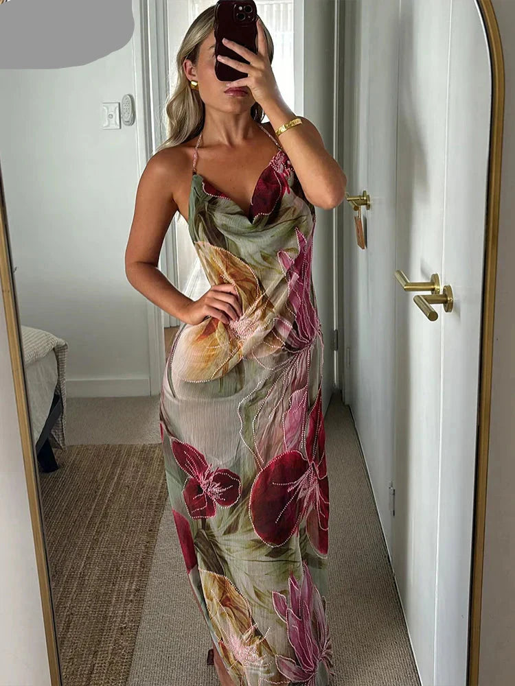 Floral Print Backless Halter Dress with Split for Women Mssaz Desses