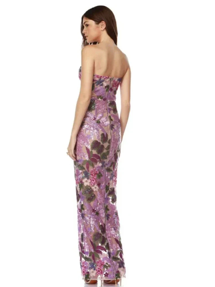 Floral-Embellished Sequin Lavender Ankle Length Dress Mssaz Desses