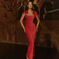 Bows Lace Bodycon Maxi Dress Mssaz Desses