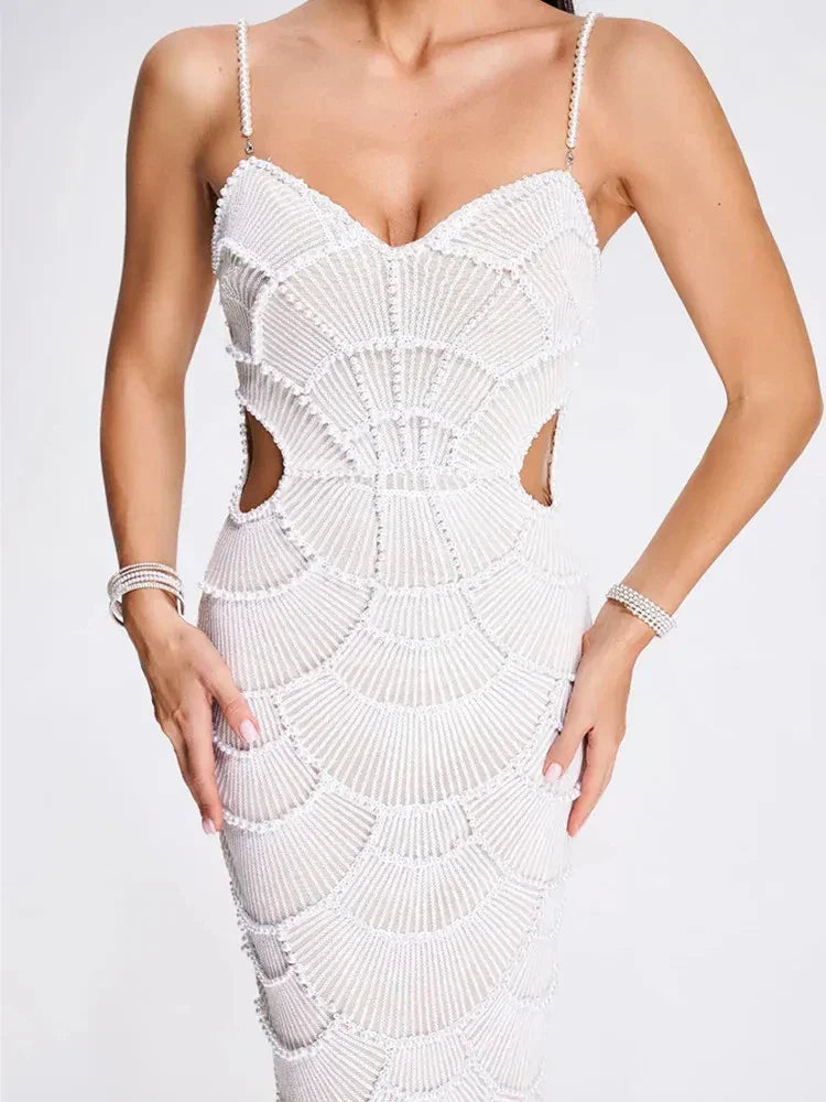 V Neck White Pearl Beading Maxi Dress Mssaz Desses