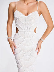 V Neck White Pearl Beading Maxi Dress Mssaz Desses
