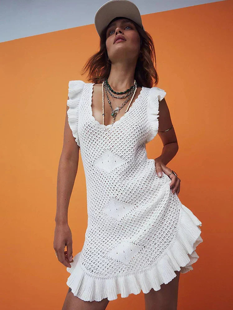 Ruffled Crochet Hollow Out Knit Beach Mini Dress Mssaz Desses