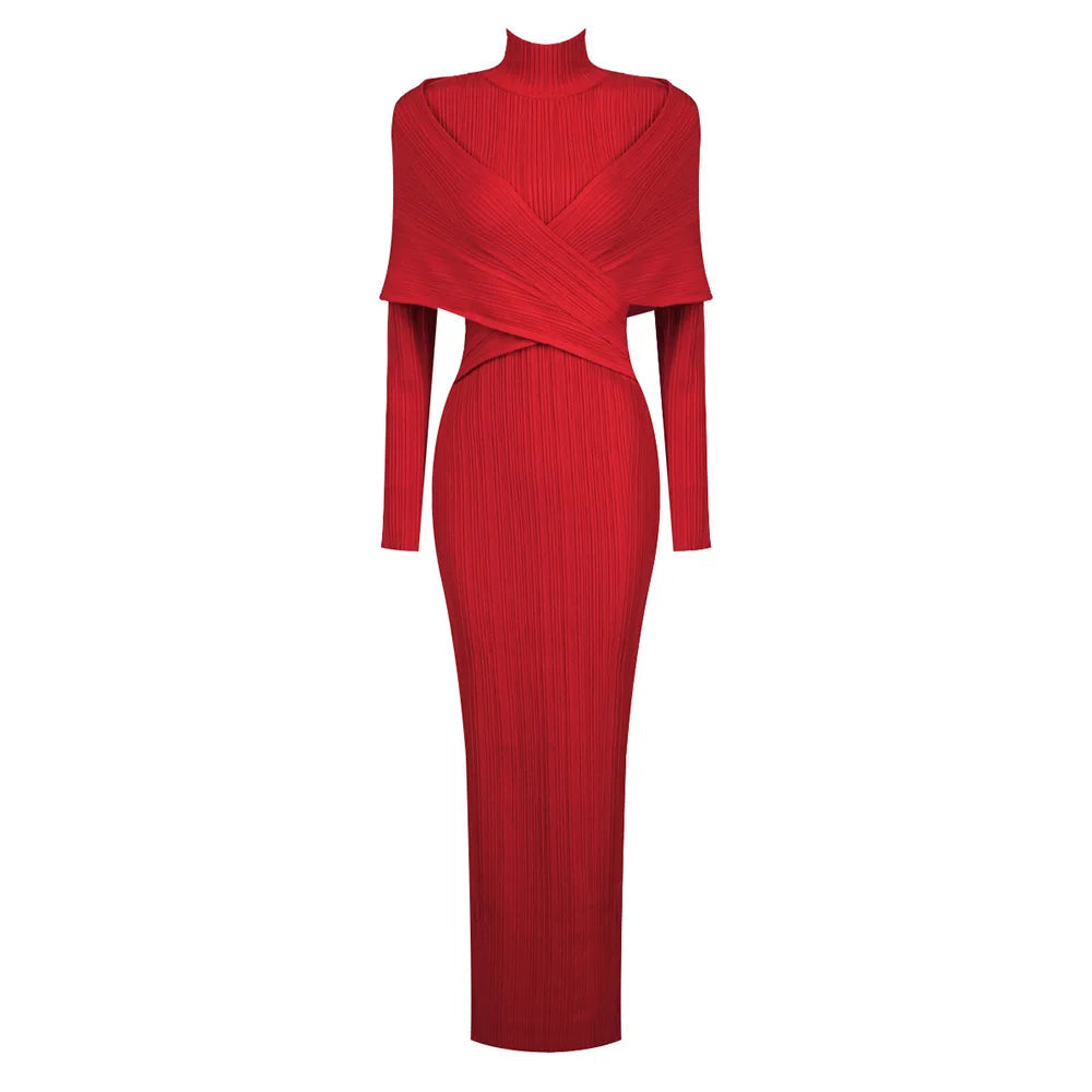 Red Bandage Turtle Neck Cross Design Long Dress Mssaz Desses