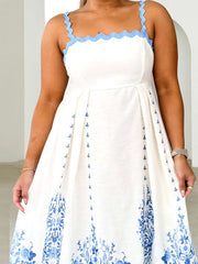 Square Collar Print Flower Sling Long Dress Mssaz Desses