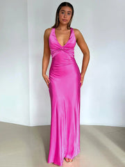 V Neck Sleeveless Satin Bow Backless Maxi Dress Mssaz Desses