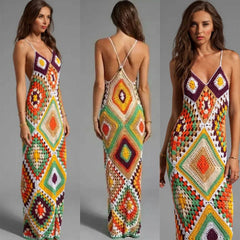 Handmade Crochet Knitted Multi Color Long Dress Mssaz Desses