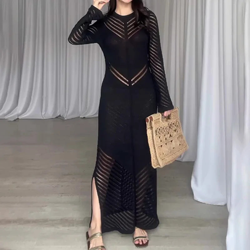 Sleeveless Patchwork Knit Maxi Dresses Mssaz Desses